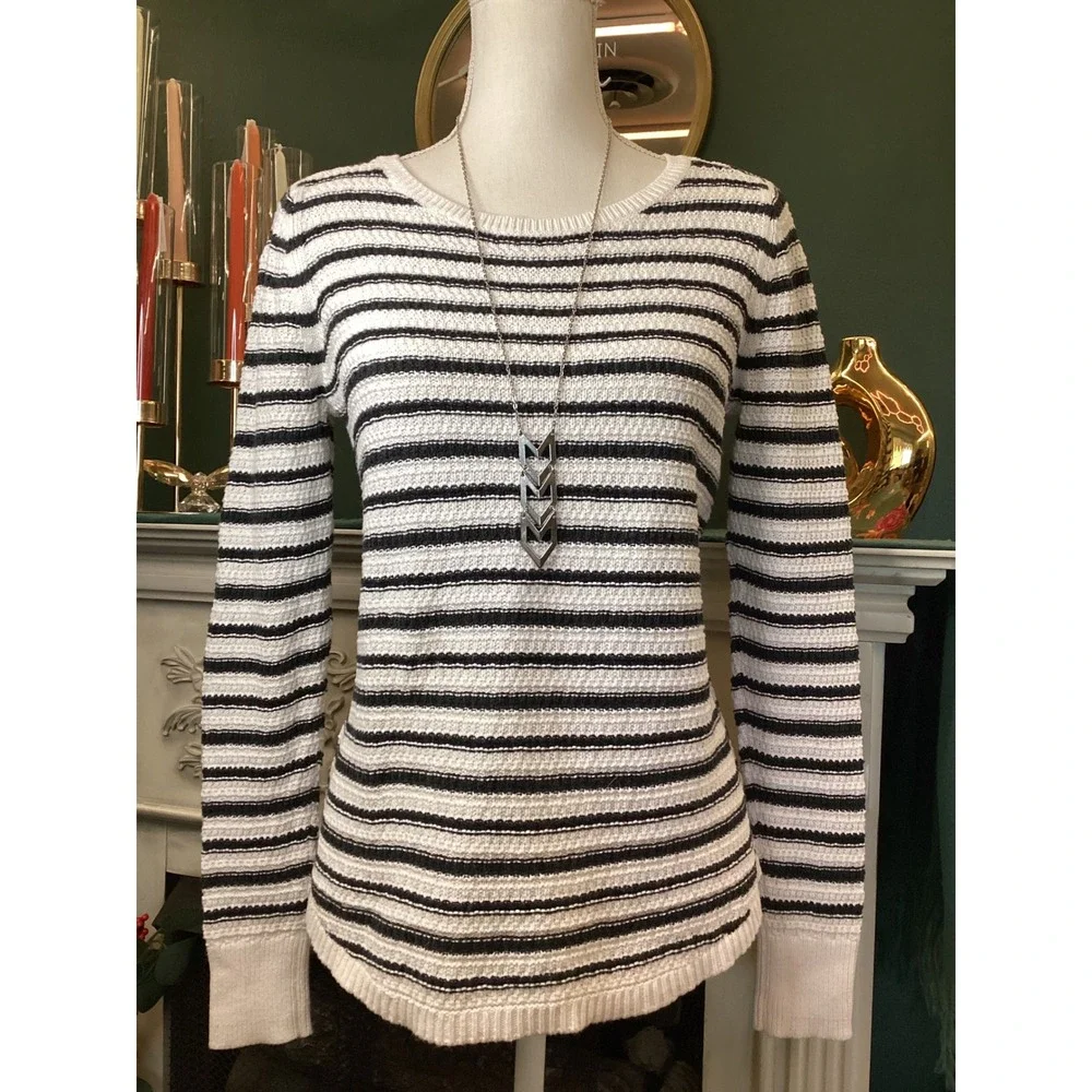 Loft Striped‎ Sweater Womens Small White Black Excellent Cotton Knit